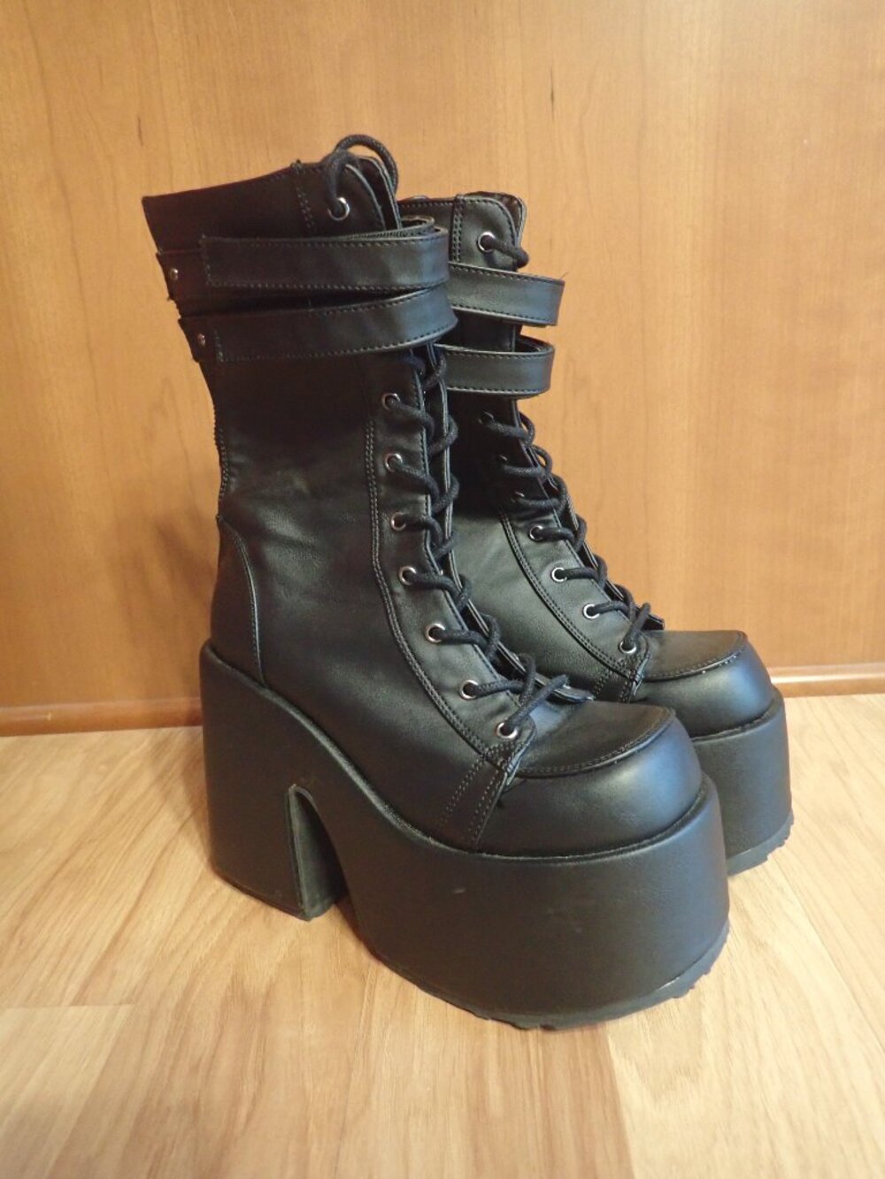DEMONIA CAMEL-250 Women's Black 5" Chunky Heel Platform Lace-Up Mid-Calf Boots
